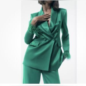 ZARA Green Satin Double-Breasted Blazer Feather Cuff Size X-Small